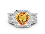 White gold Heart Cut Halo Citrine Ring with Split Shank and Four-Prong Setting
