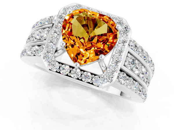 White gold Heart Cut Halo Citrine Ring with Round  Split Shank and Prong Setting