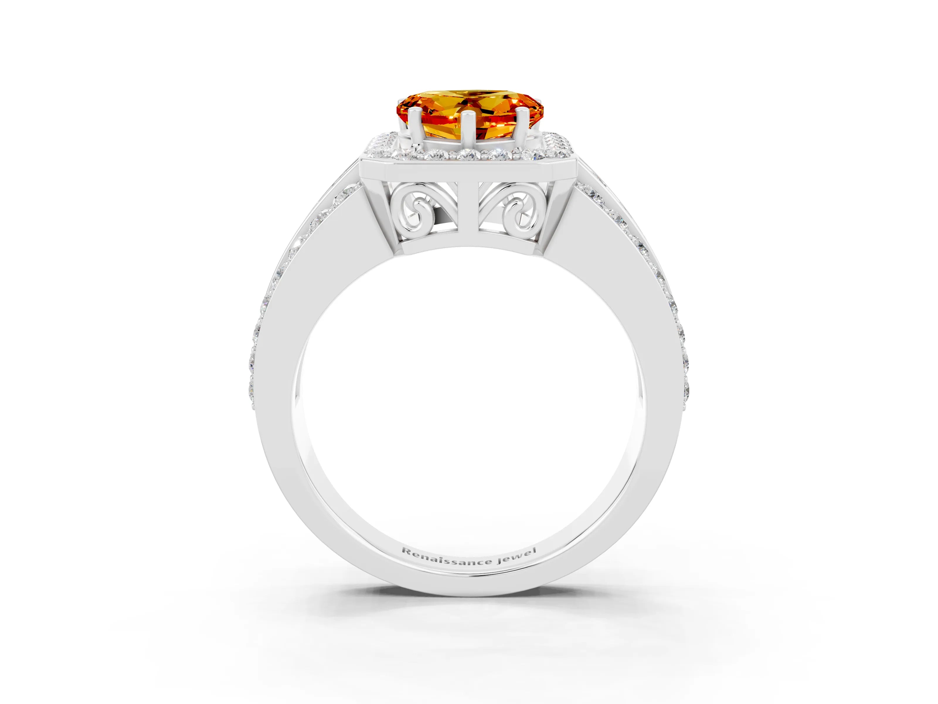 White gold Heart Cut Halo Citrine Ring with Split Shank and Four-Prong Setting_3