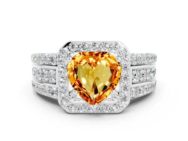 White gold Heart Cut Halo Citrine Ring with Round  Split Shank and Prong Setting