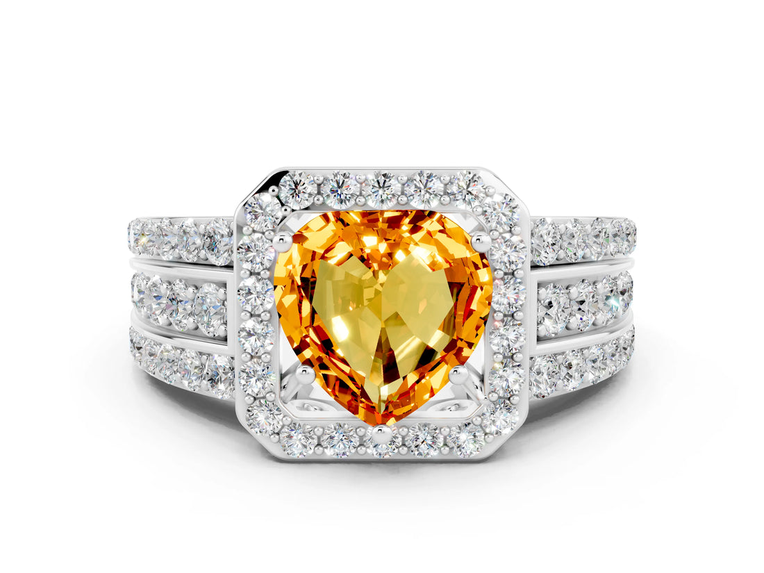 White gold Heart Cut Halo Citrine Ring with Split Shank and Four-Prong Setting