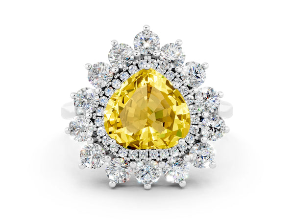 Platinum Heart Cut Yellow Sapphire Floral Double Halo Engagement Ring with Prong Setting