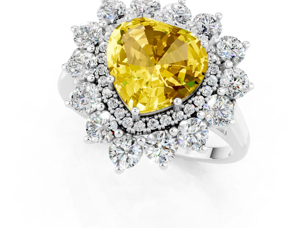 White gold Heart Cut Yellow Sapphire Floral Double Halo Engagement Ring with Prong Setting