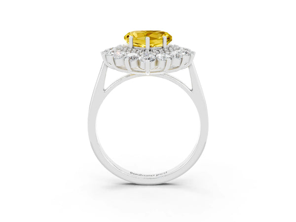Platinum Heart Cut Yellow Sapphire Floral Double Halo Engagement Ring with Prong Setting