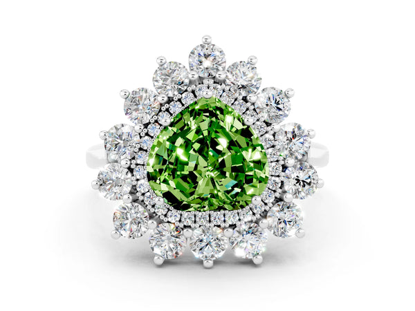 Silver Heart Cut Halo Cluster Diamond Ring with Pave Band and Four-Prong Setting