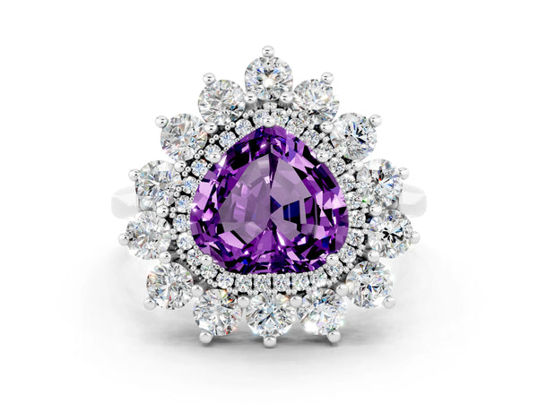 White gold Heart Cut Amethyst Floral Double Halo Engagement Ring with Prong Setting
