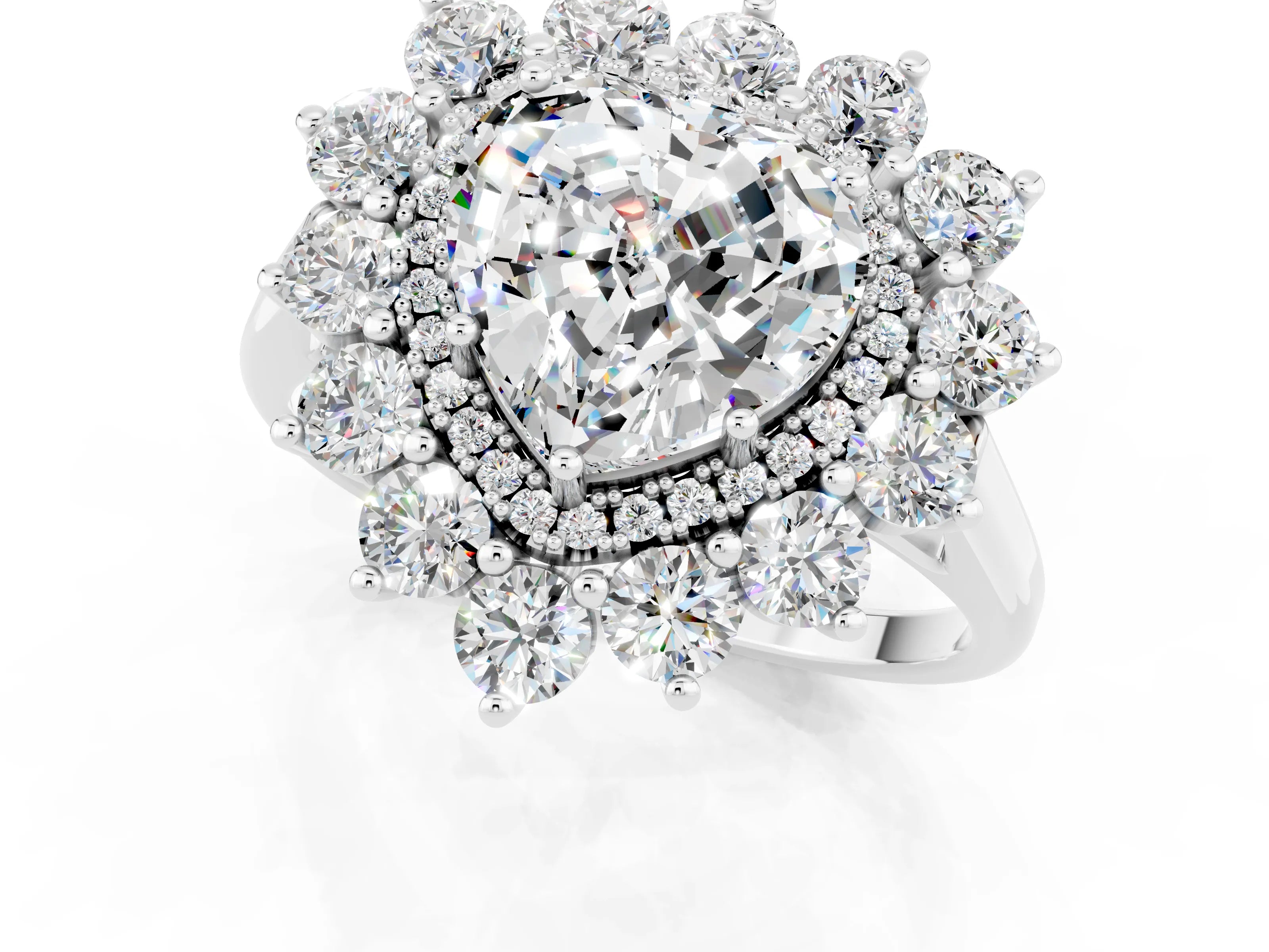 White gold Heart Cut Halo Cluster Diamond Ring with Pave Band and Four-Prong Setting_19
