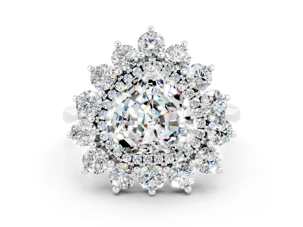 Silver Heart Cut Moissanite Floral Double Halo Engagement Ring with Prong Setting