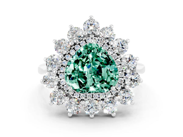 Silver Heart Cut Green Sapphire Floral Double Halo Engagement Ring with Prong Setting