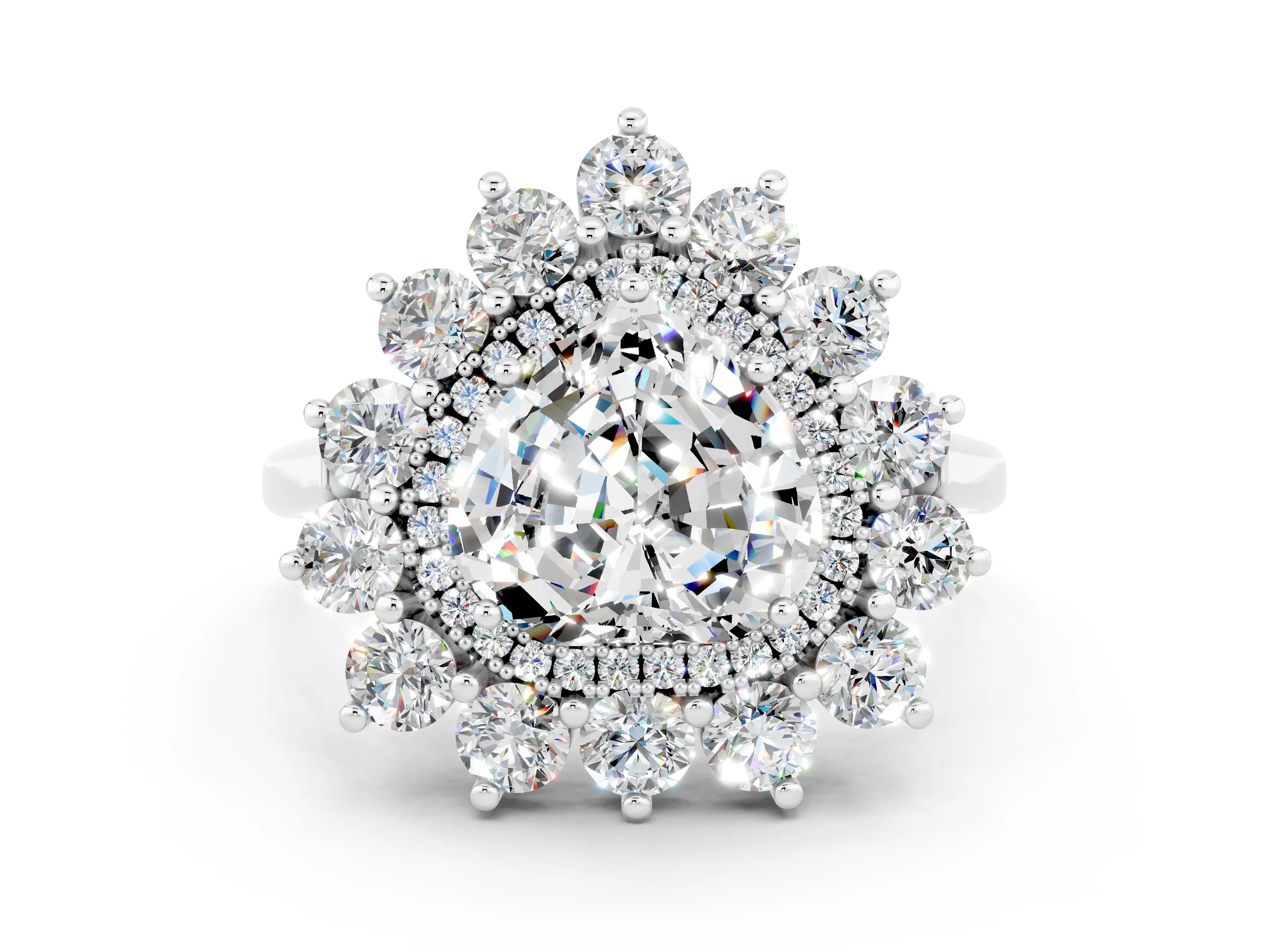 White gold Heart Cut Halo Cluster Diamond Ring with Pave Band and Four-Prong Setting_24