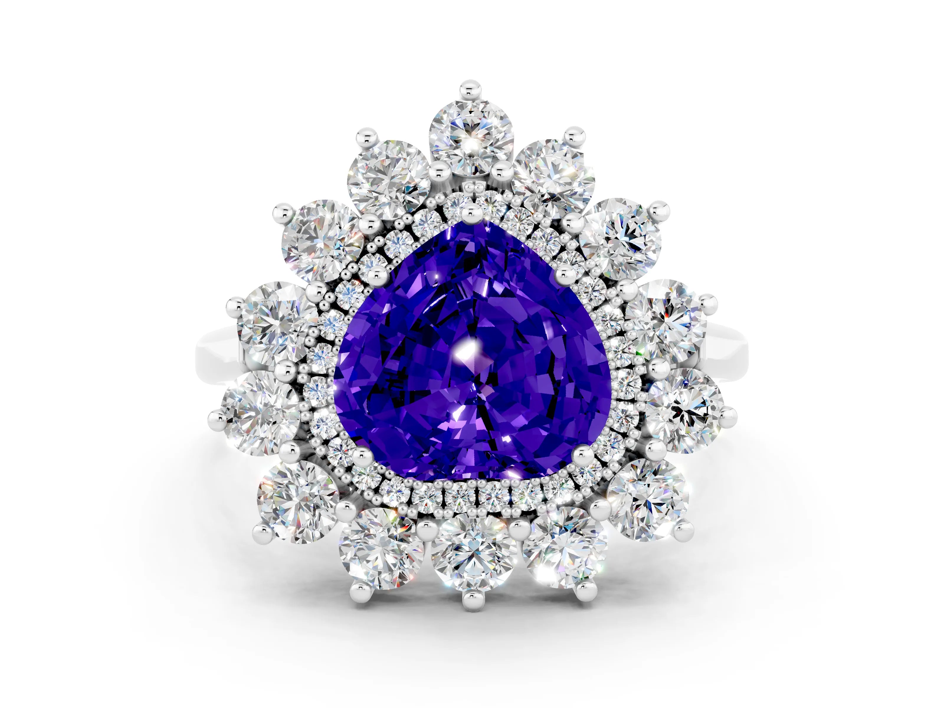 White gold Heart Cut Halo Cluster Diamond Ring with Pave Band and Four-Prong Setting_24