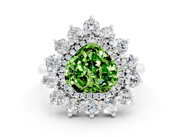 Silver Heart Cut Peridot Floral Double Halo Engagement Ring with Prong Setting