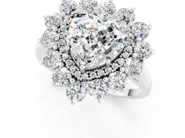 Platinum Heart Cut Moissanite Floral Double Halo Engagement Ring with Prong Setting