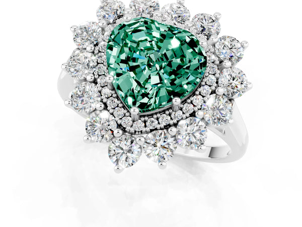 Silver Heart Cut Green Sapphire Floral Double Halo Engagement Ring with Prong Setting