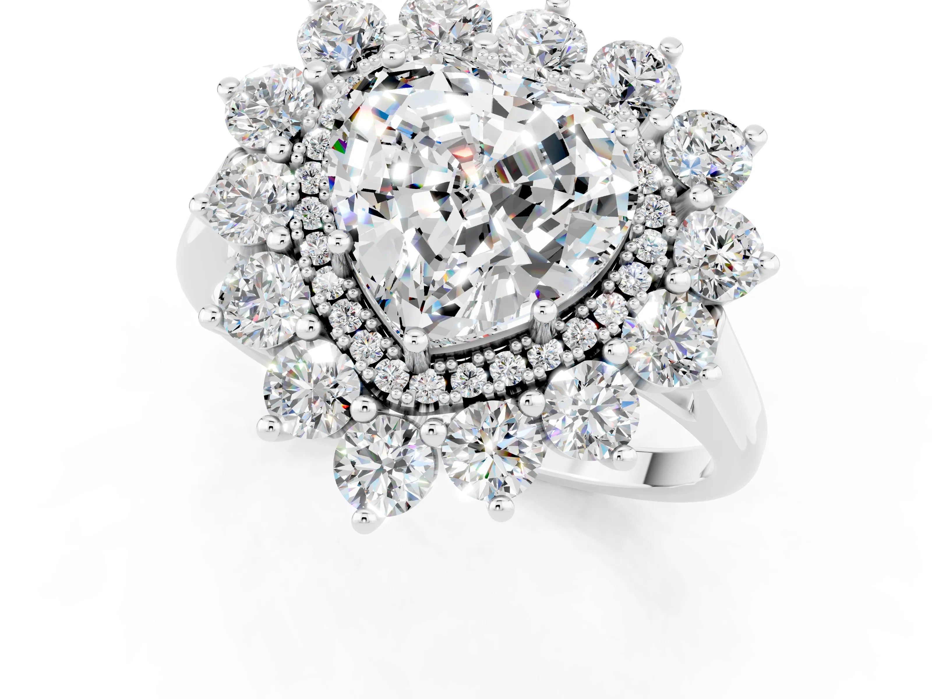 White gold Heart Cut Halo Cluster Diamond Ring with Pave Band and Four-Prong Setting_25