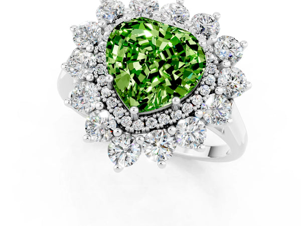 White gold Heart Cut Peridot Floral Double Halo Engagement Ring with Prong Setting
