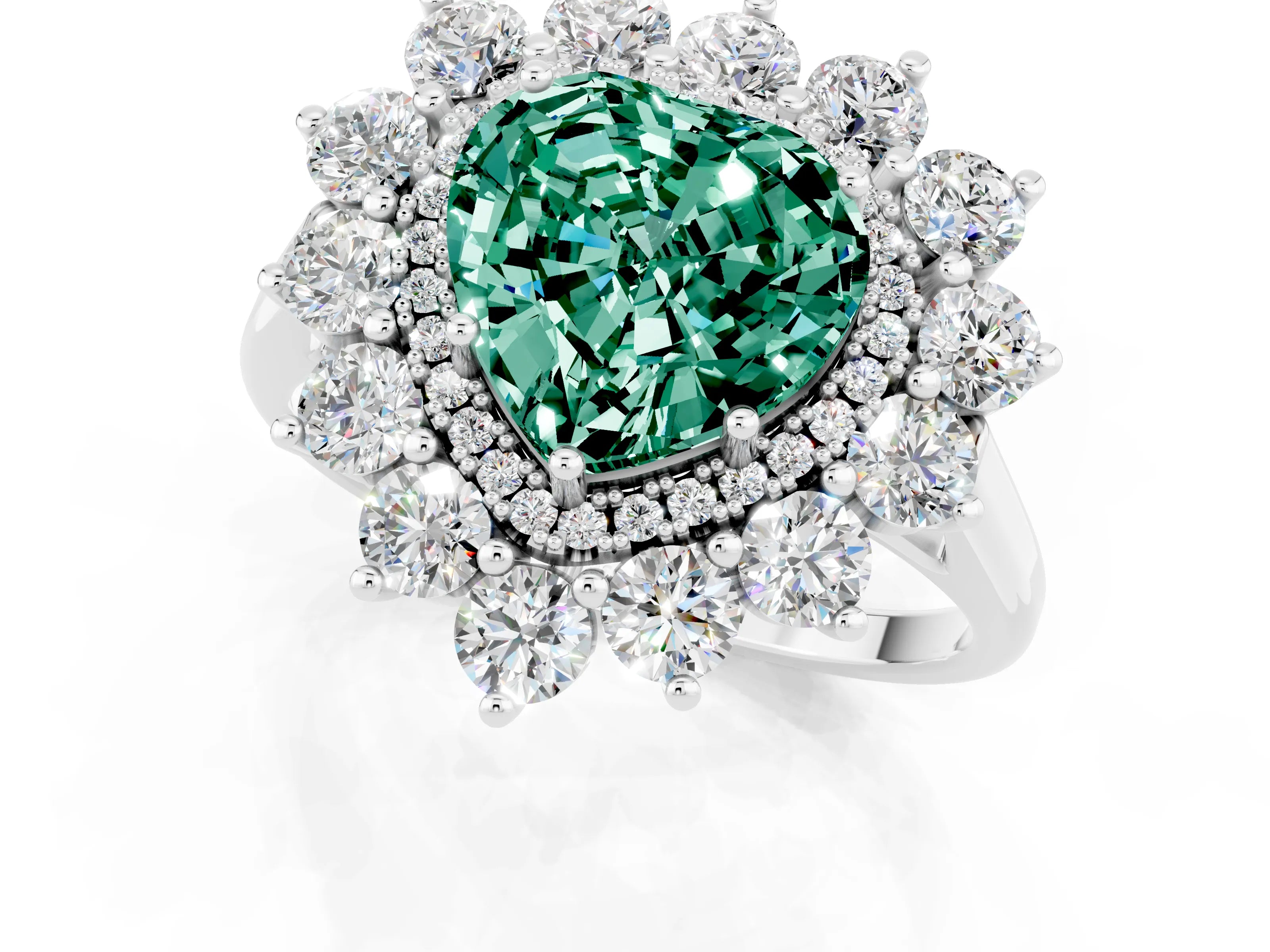 White gold Heart Cut Halo Cluster Diamond Ring with Pave Band and Four-Prong Setting_25