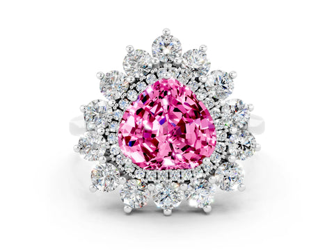 White gold Heart Cut Halo Cluster Diamond Ring with Pave Band and Four-Prong Setting