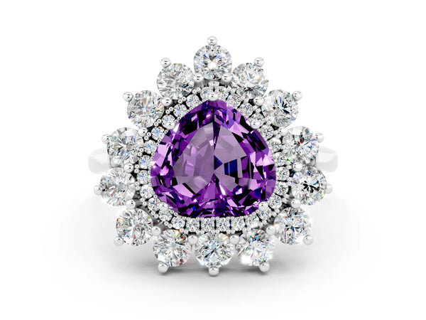 Platinum Heart Cut Amethyst Floral Double Halo Engagement Ring with Prong Setting