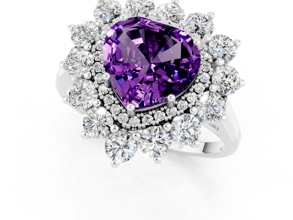 Silver Heart Cut Amethyst Floral Double Halo Engagement Ring with Prong Setting