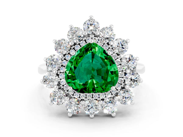 White gold Heart Cut Emerald Floral Double Halo Engagement Ring with Prong Setting
