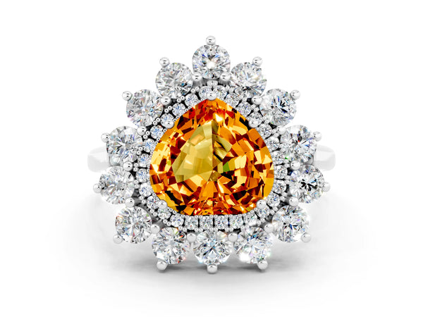 Platinum Heart Cut Citrine Floral Double Halo Engagement Ring with Prong Setting