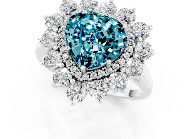White gold Heart Cut Halo Cluster Diamond Ring with Pave Band and Four-Prong Setting