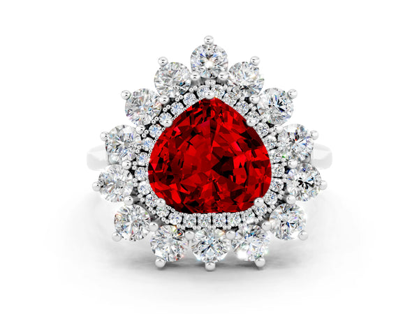 Platinum Heart Cut Ruby Floral Double Halo Engagement Ring with Prong Setting
