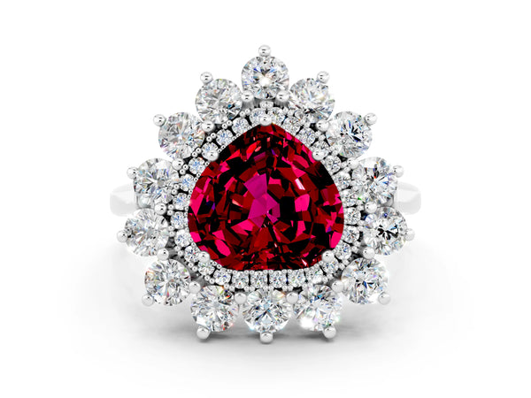 Silver Heart Cut Garnet Floral Double Halo Engagement Ring with Prong Setting