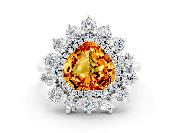 Platinum Heart Cut Citrine Floral Double Halo Engagement Ring with Prong Setting