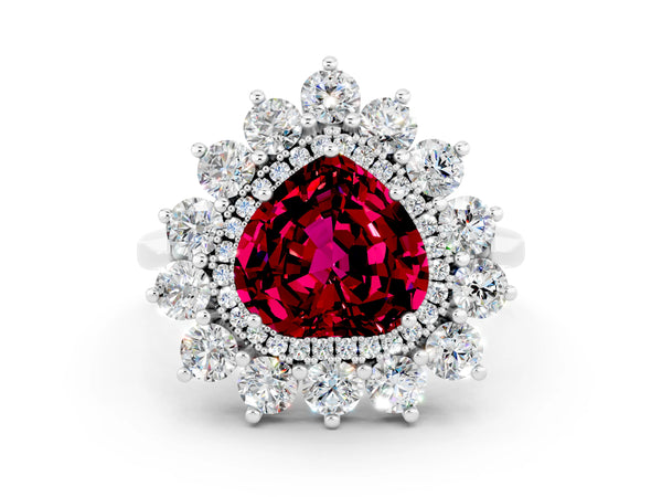 White gold Heart Cut Garnet Floral Double Halo Engagement Ring with Prong Setting