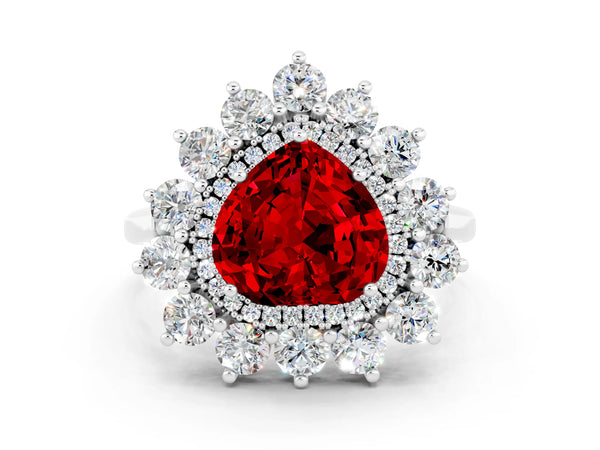Silver Heart Cut Ruby Floral Double Halo Engagement Ring with Prong Setting