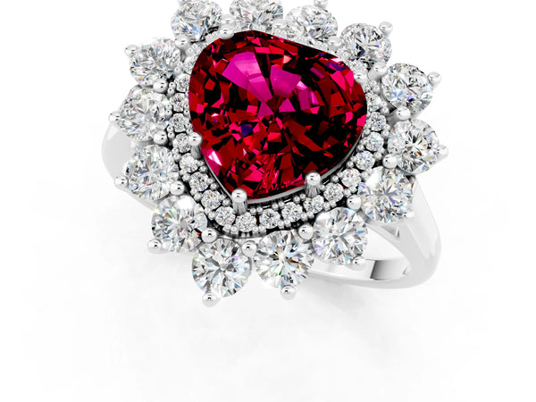Platinum Heart Cut Garnet Floral Double Halo Engagement Ring with Prong Setting