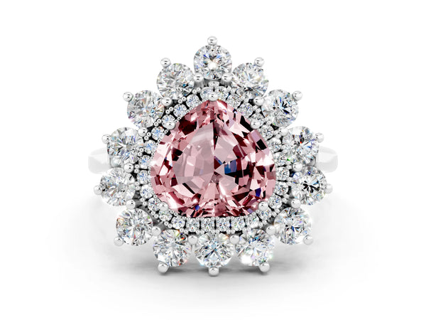 Silver Heart Cut Halo Cluster Diamond Ring with Pave Band and Four-Prong Setting