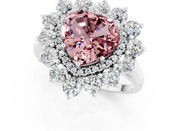 Silver Heart Cut Halo Cluster Diamond Ring with Pave Band and Four-Prong Setting