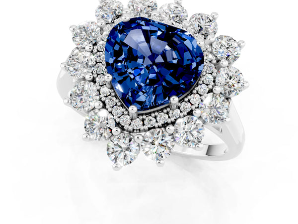 White Gold Heart-Shaped Lab-Grown Blue Sapphire Floral Double Halo Engagement Ring with Plain Band
