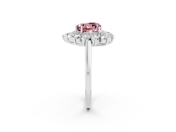 Silver Heart Cut Halo Cluster Diamond Ring with Pave Band and Four-Prong Setting
