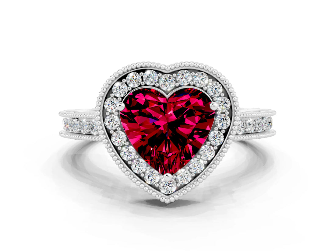 White gold Heart Cut Halo Diamond Engagement Ring with Milgrain Pave Band and Four-Prong Setting