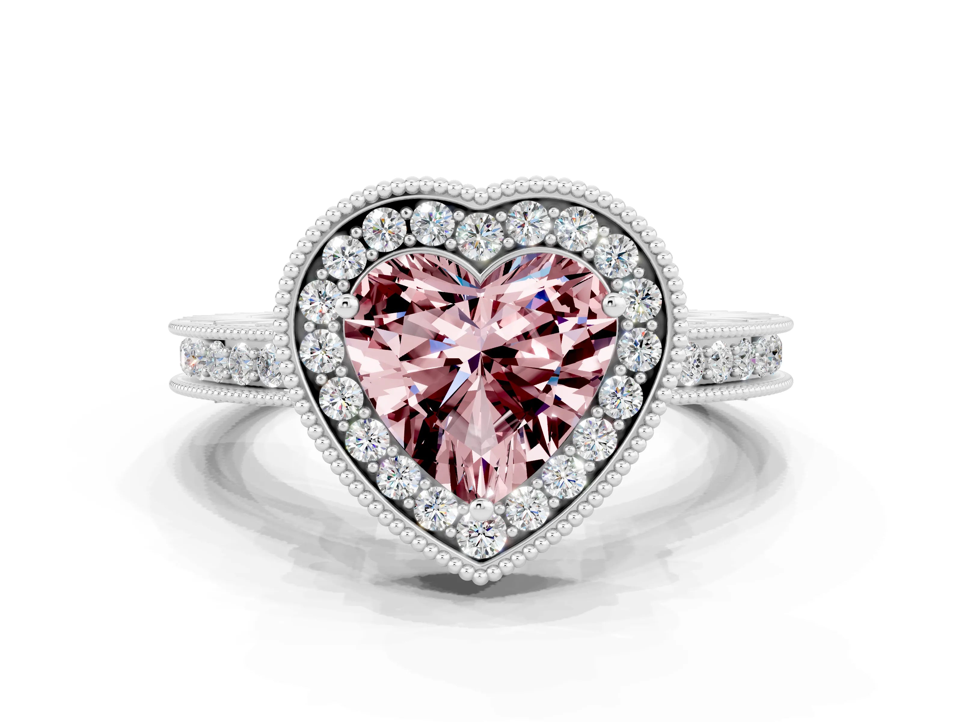 White gold Heart Cut Halo Diamond Engagement Ring with Milgrain Pave Band and Four-Prong Setting
