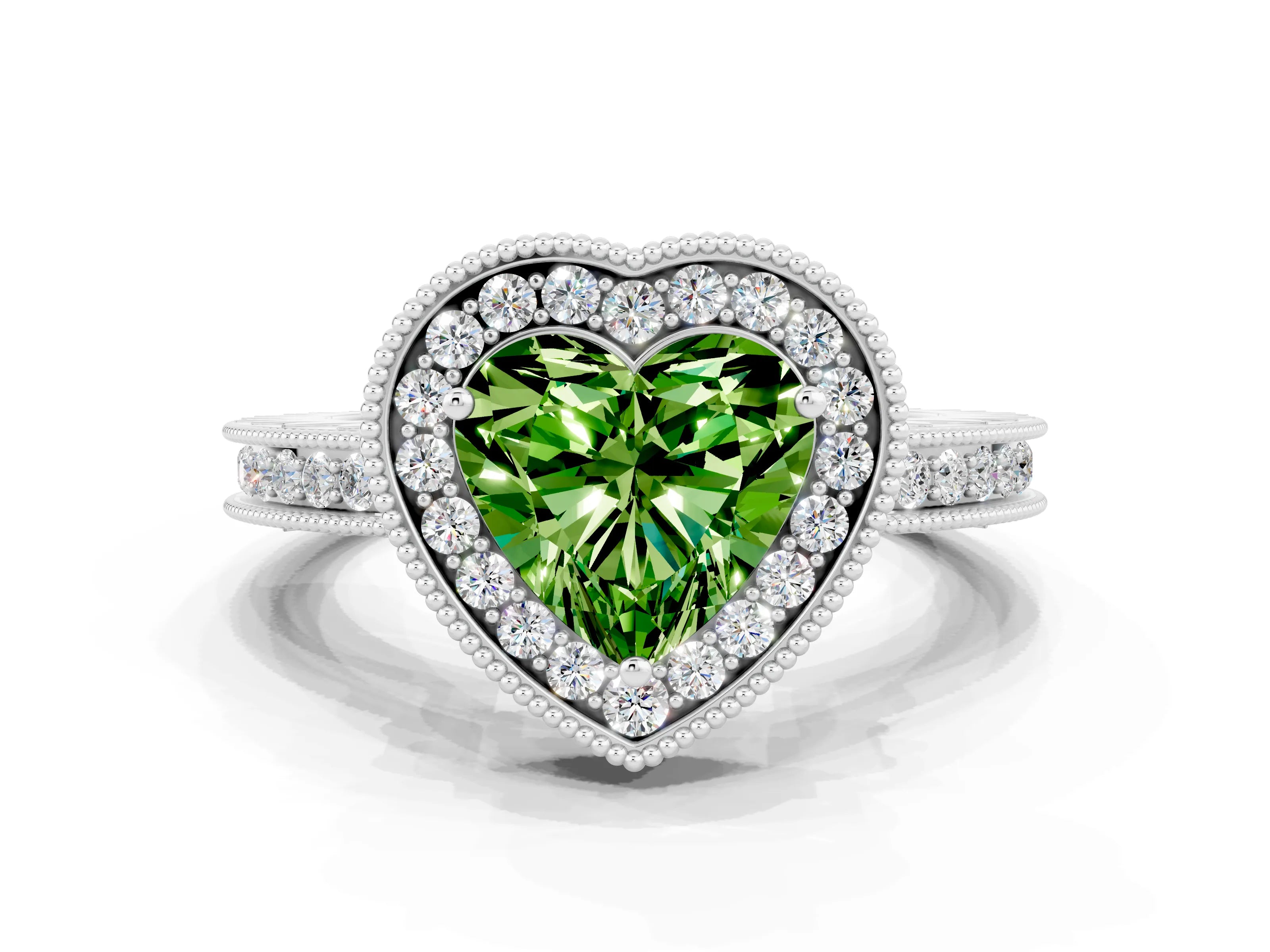 White gold Heart Cut Halo Diamond Engagement Ring with Milgrain Pave Band and Four-Prong Setting