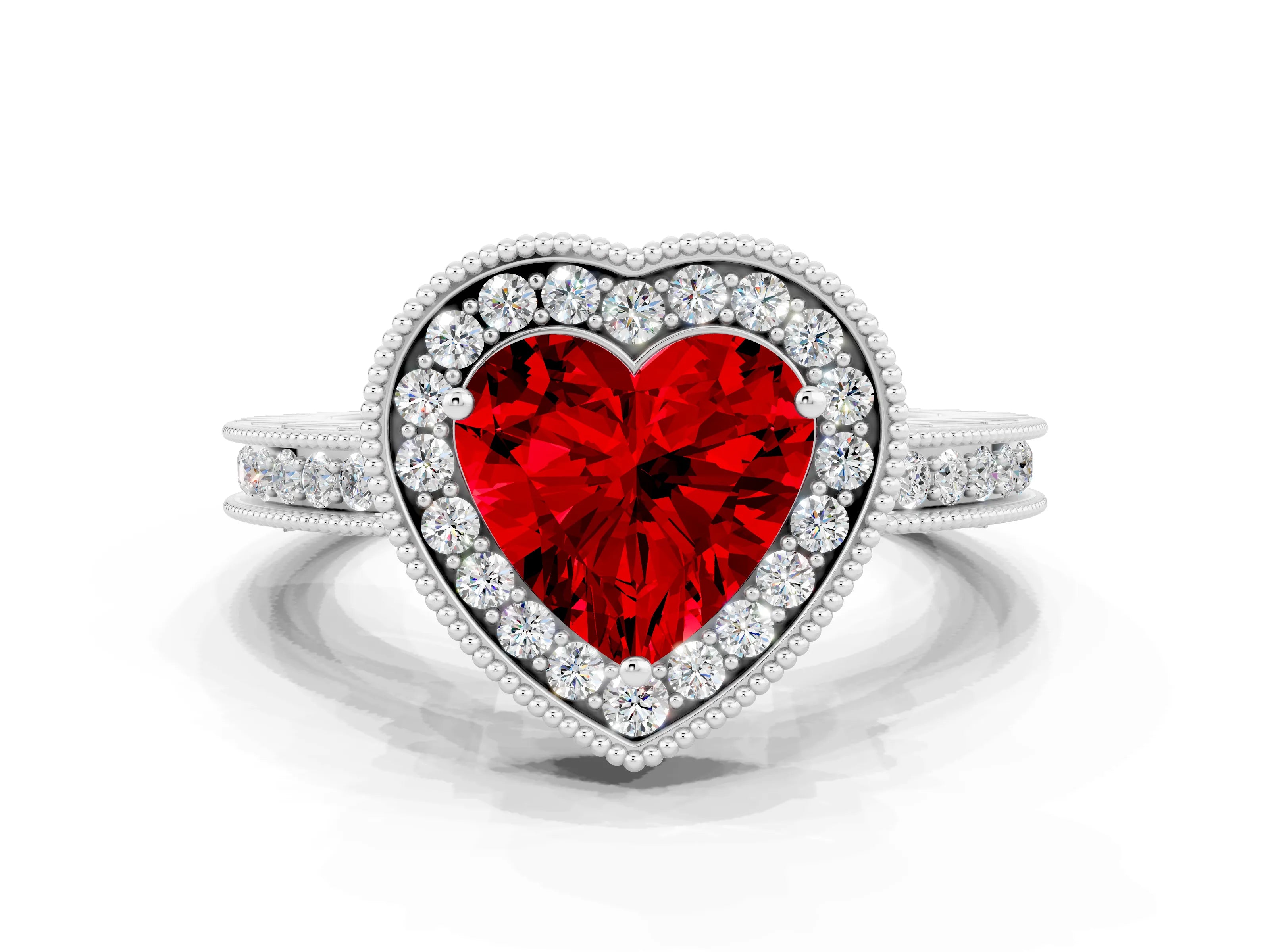 White gold Heart Cut Halo Diamond Engagement Ring with Milgrain Pave Band and Four-Prong Setting