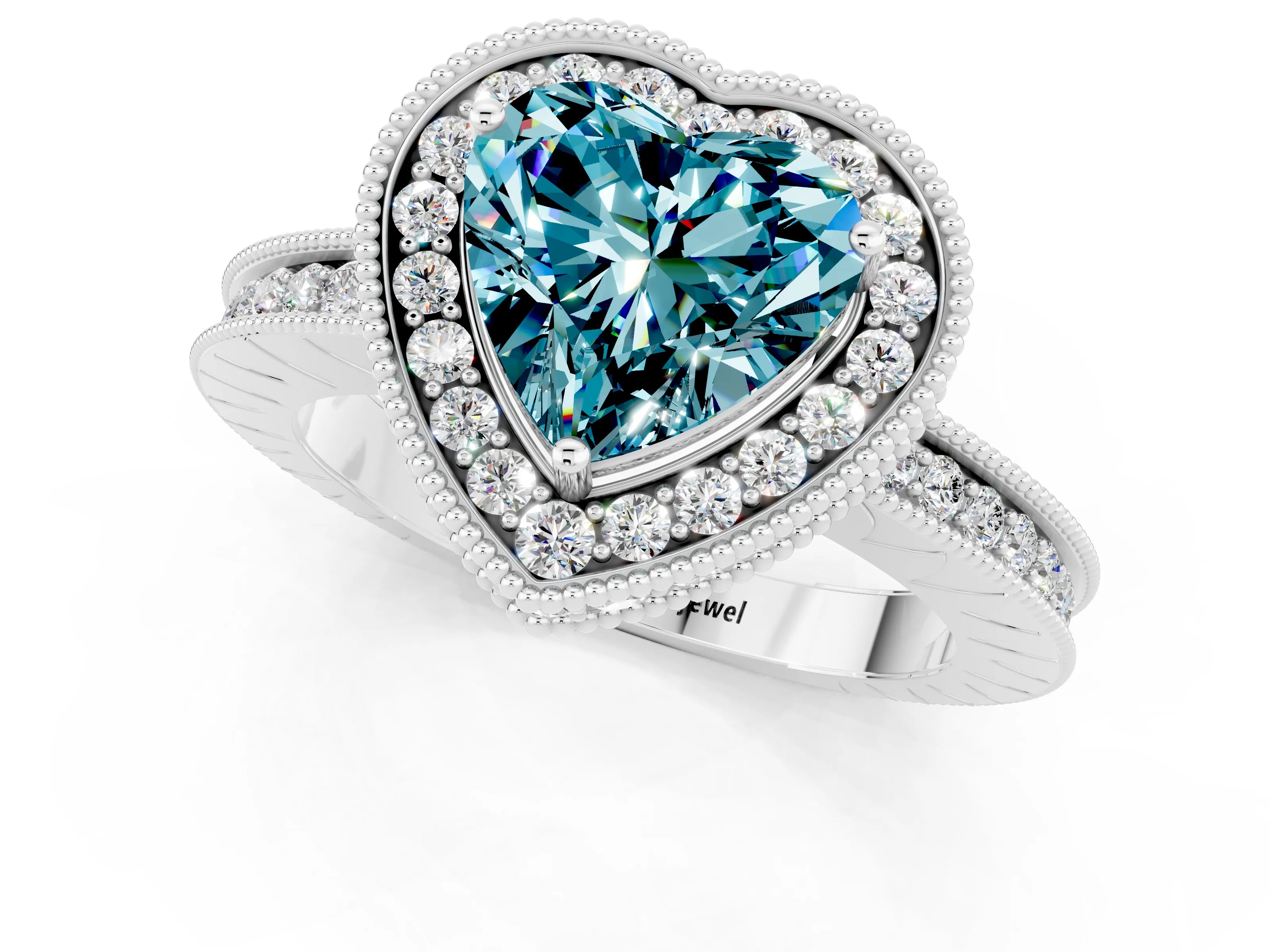 White gold Heart Cut Halo Diamond Engagement Ring with Milgrain Pave Band and Four-Prong Setting_1