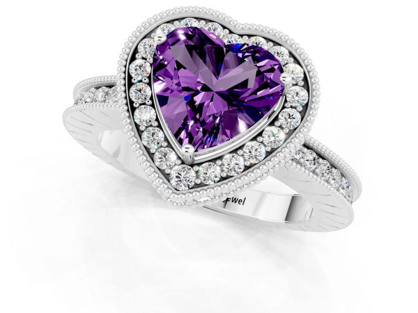 White gold Heart Cut Amethyst Milgrain Halo Engagement Ring with Round Pavé Band and Prong Setting