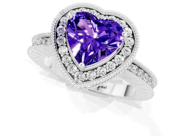 Silver Heart Cut Halo Diamond Engagement Ring with Milgrain Pave Band and Four-Prong Setting