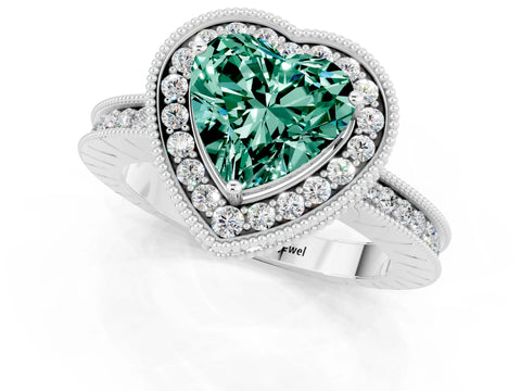 White gold Heart Cut Halo Diamond Engagement Ring with Milgrain Pave Band and Four-Prong Setting_1