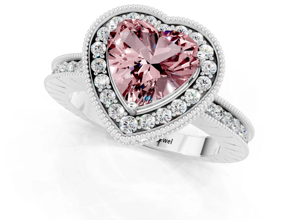 Platinum Heart Cut Halo Diamond Engagement Ring with Milgrain Pave Band and Four-Prong Setting