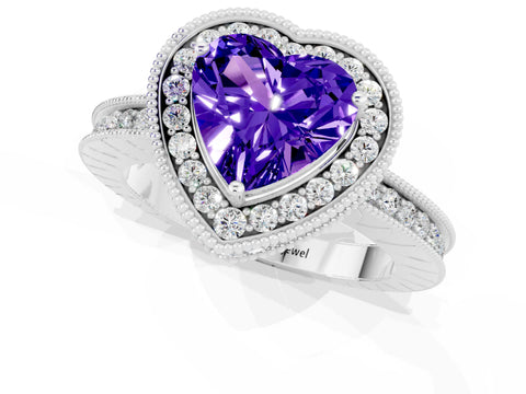 White gold Heart Cut Halo Diamond Engagement Ring with Milgrain Pave Band and Four-Prong Setting_1