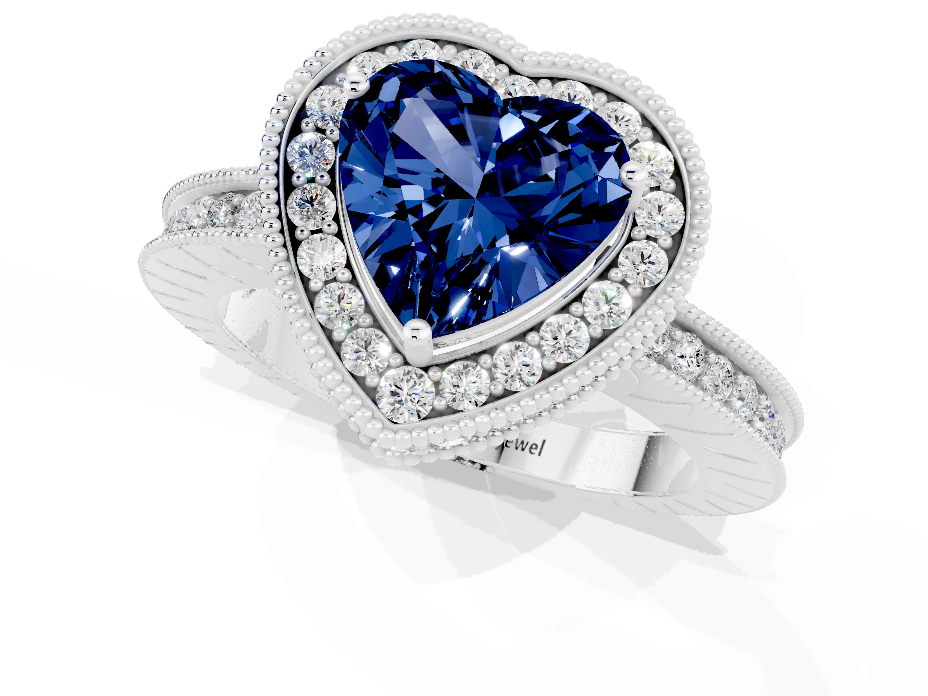 White gold Heart Cut Halo Diamond Engagement Ring with Milgrain Pave Band and Four-Prong Setting_1