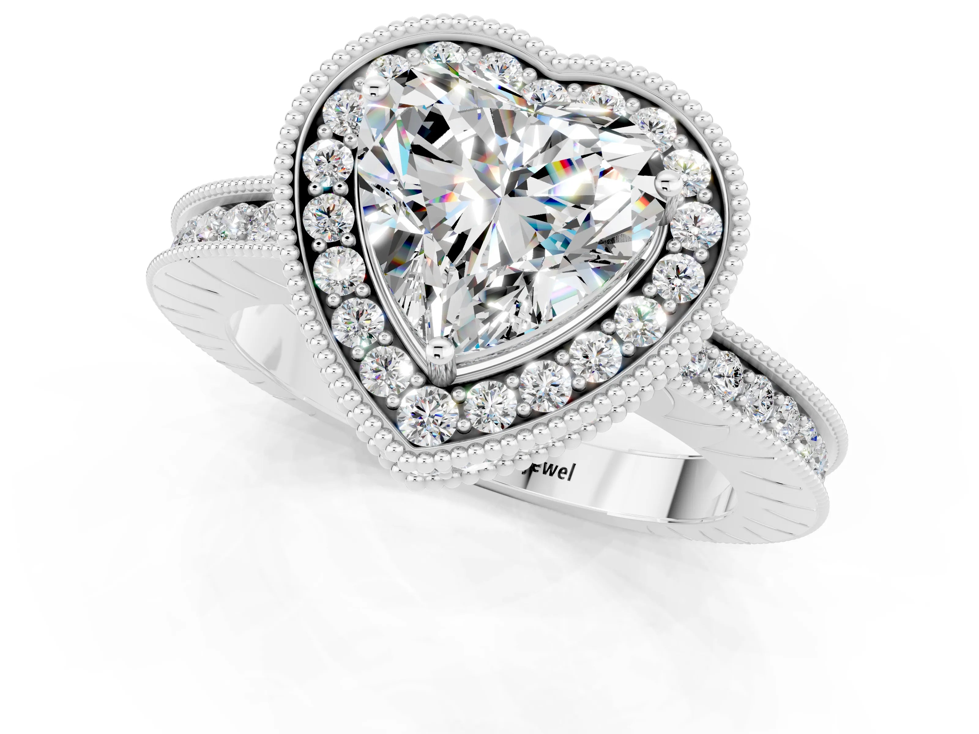 White gold Heart Cut Halo Diamond Engagement Ring with Milgrain Pave Band and Four-Prong Setting_1