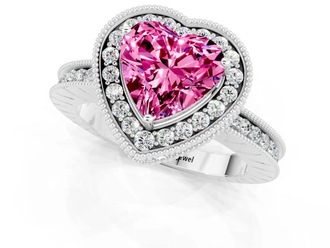 White gold Heart Cut Halo Diamond Engagement Ring with Milgrain Pave Band and Four-Prong Setting_1
